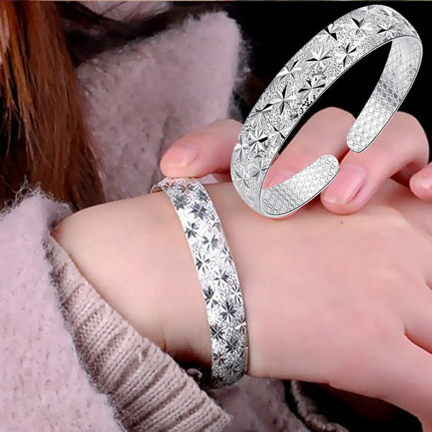 925 Silver Cute Lotus Flower Cuff Bracelet Ring Women Adjustable Bangle Jewelry